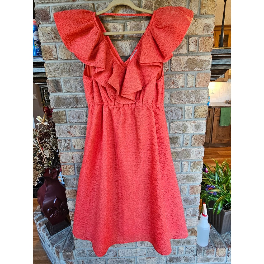 CHELSEA28 XL Coral Textured Ruffle VNeck Midi Dress A Line Puckered Jacquard EUC